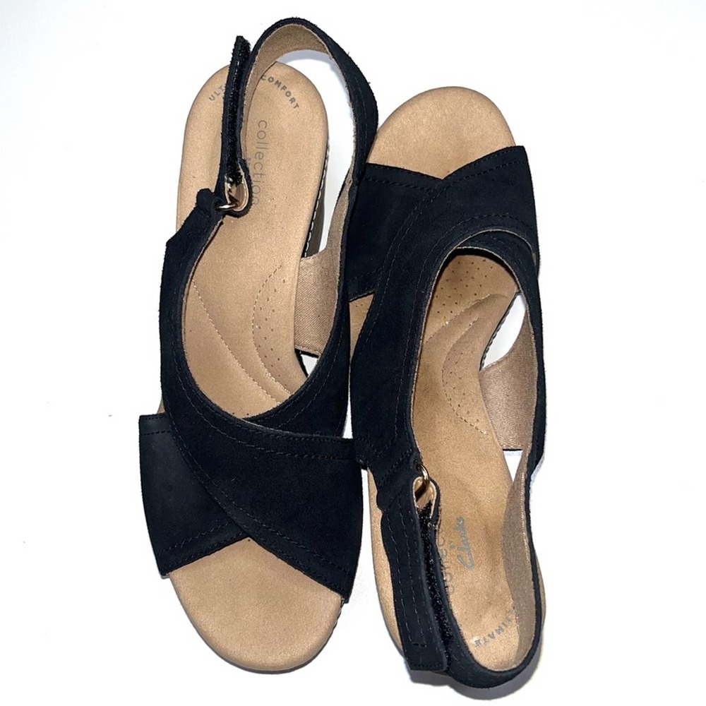 Clarks Black Suede Wedge Sandals Size 9 - Picture 12 of 12